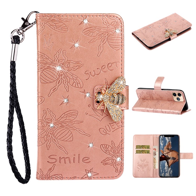 Bee Pattern Rhinestone Decor Leather Wallet Phone Case for Apple iPhone 11 Pro 5.8 inch - Rose Gold-1