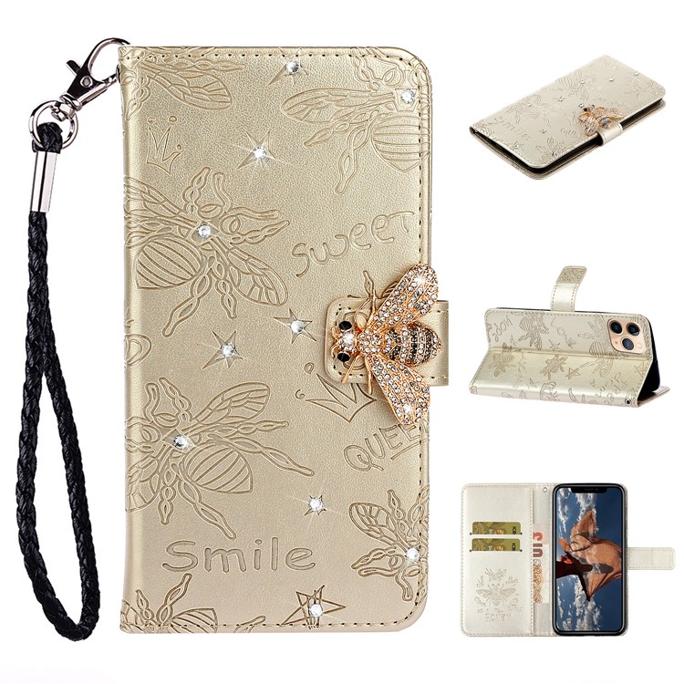 Bee Pattern Rhinestone Decor Leather Wallet Phone Case for Apple iPhone 11 Pro 5.8 inch - Gold-1