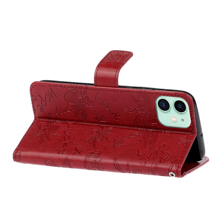 Imprint Bee PU Leather Wallet Stand Case for iPhone 11 6.1 inch - Red-6