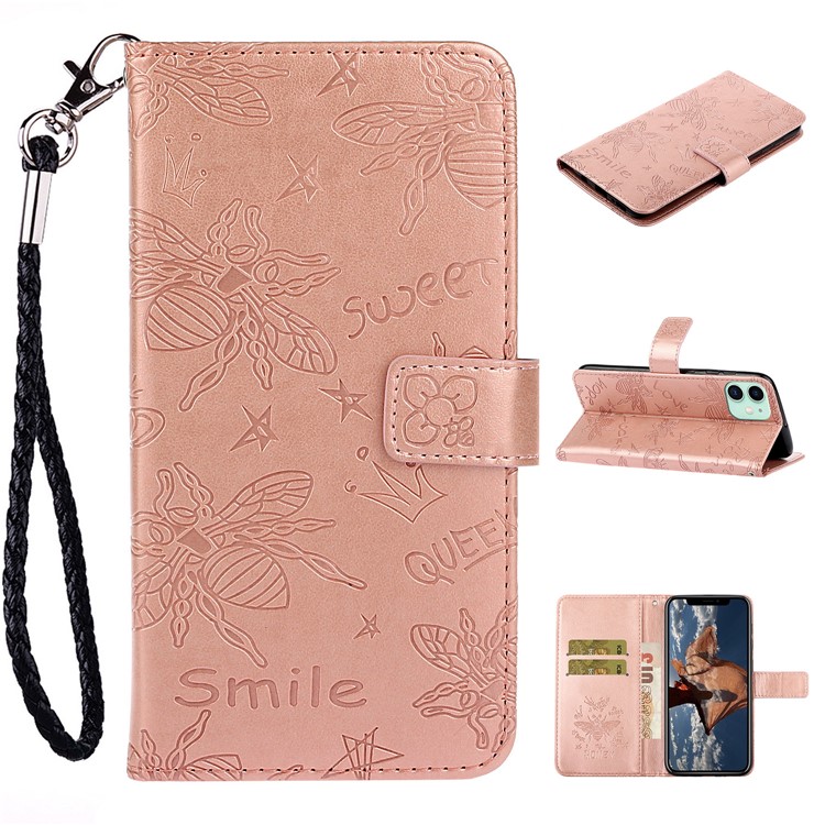 Imprint Bee PU Leather Wallet Stand Case for iPhone 11 6.1 inch - Rose Gold-1