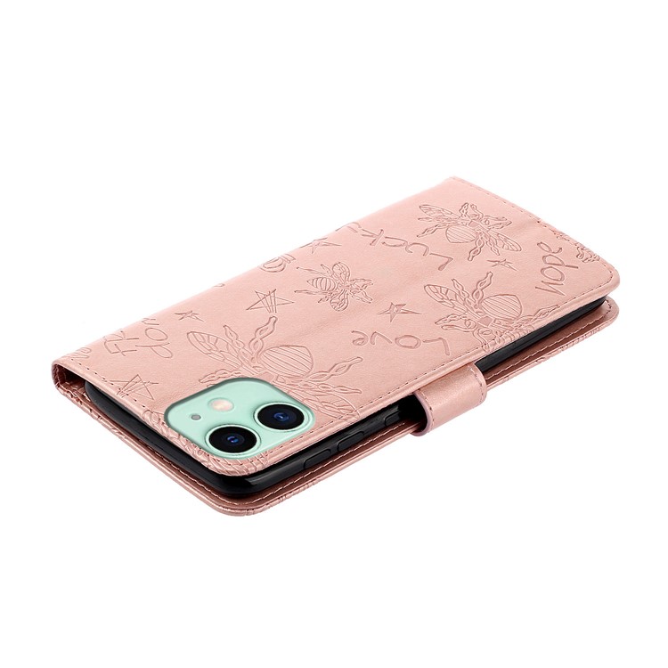 Imprint Bee PU Leather Wallet Stand Case for iPhone 11 6.1 inch - Rose Gold-5