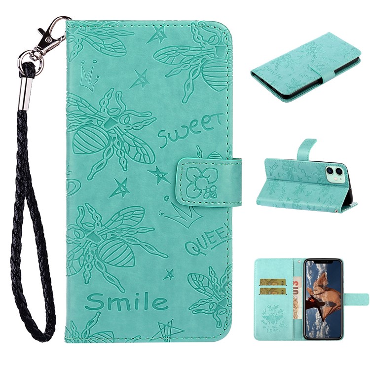 Imprint Bee PU Leather Wallet Stand Case for iPhone 11 6.1 inch - Cyan-1
