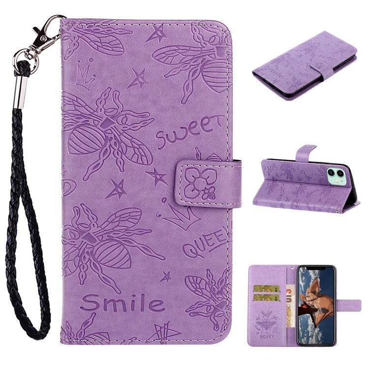 Imprint Bee PU Leather Wallet Stand Case for iPhone 11 6.1 inch - Purple-1