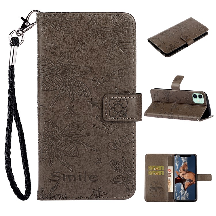Imprint Bee PU Leather Wallet Stand Case for iPhone 11 6.1 inch - Grey-1