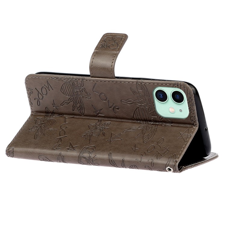 Imprint Bee PU Leather Wallet Stand Case for iPhone 11 6.1 inch - Grey-6