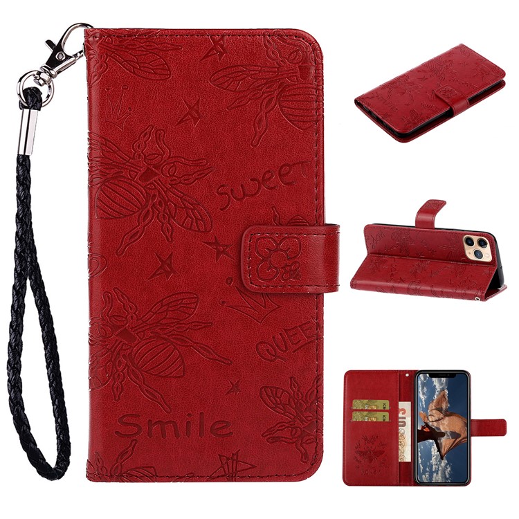 Imprint Bee PU Leather Wallet Stand Phone Cover for iPhone 11 Pro 5.8 inch - Red-1
