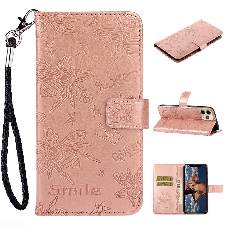 Imprint Bee PU Leather Wallet Stand Phone Cover for iPhone 11 Pro 5.8 inch - Rose Gold-1