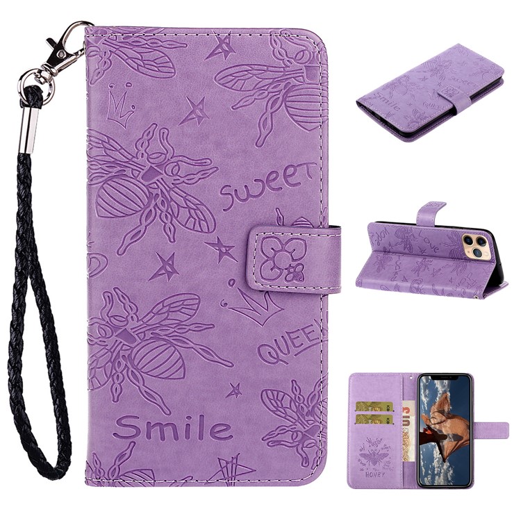 Imprint Bee PU Leather Wallet Stand Phone Cover for iPhone 11 Pro 5.8 inch - Purple-1
