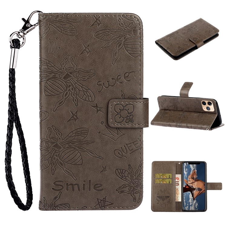 Imprint Bee PU Leather Wallet Stand Phone Cover for iPhone 11 Pro 5.8 inch - Grey-1