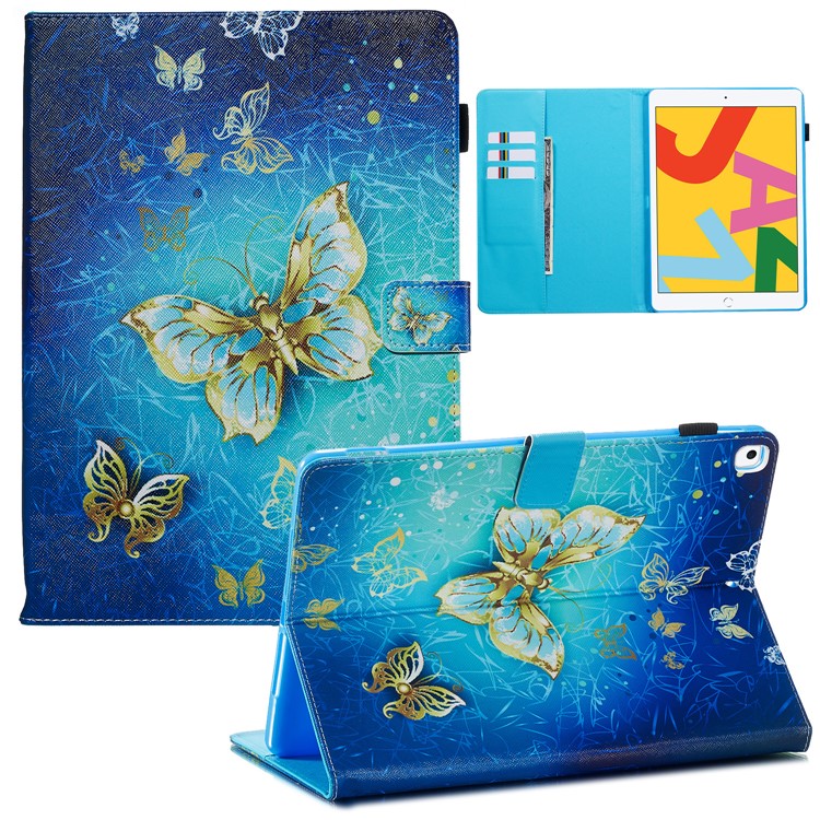 Pattern Printing Leather Wallet Stand Tablet Case for iPad 10.2 (2019) - Gold Butterflies-1