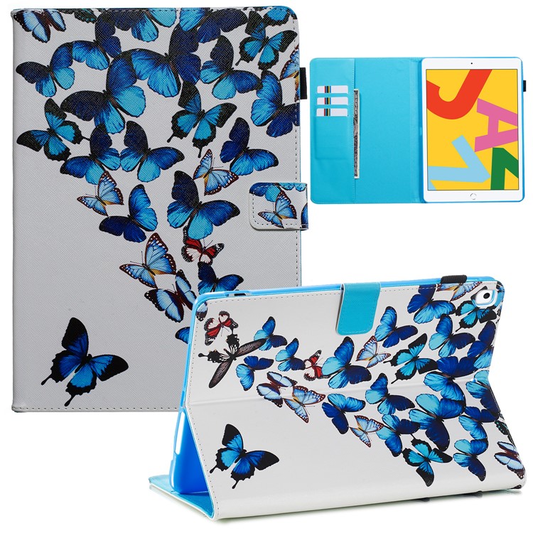 Pattern Printing Leather Wallet Stand Tablet Case for iPad 10.2 (2019) - Blue Butterflies-1