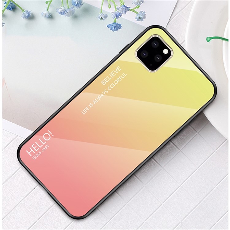 For iPhone 11 Pro Max 6.5 inch Gradient Color Tempered Glass PC TPU Hybrid Phone Case - Yellow