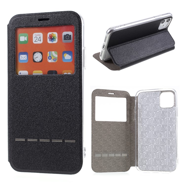 View Window Touch Slide Leather Stand Phone Cover Casing for iPhone 11 6.1 inch - Black-1