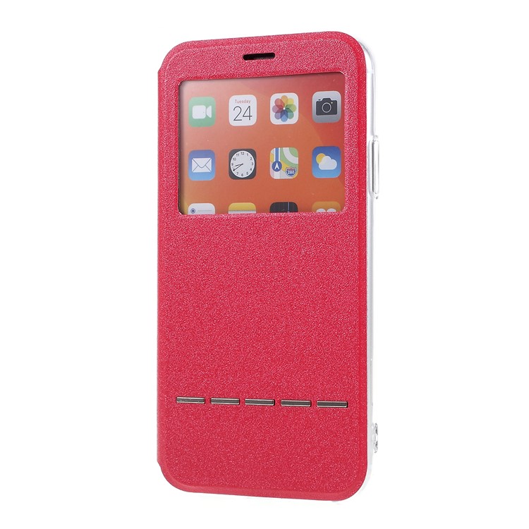 View Window Touch Slide Leather Stand Phone Cover Casing for iPhone 11 6.1 inch - Red-1