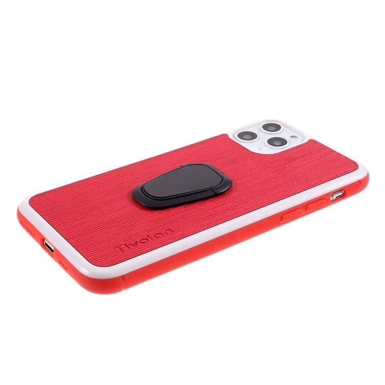 TIVOLAN PU Leather Coated TPU Case with Ring Holder Kickstand for iPhone 11 Pro Max 6.5 inch - Red-4