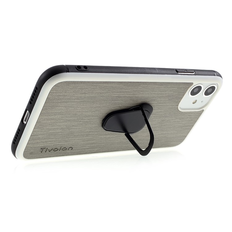TIVOLAN PU Leather Coated TPU Phone Case with Ring Holder Kickstand for iPhone 11 6.1 inch - Grey-5