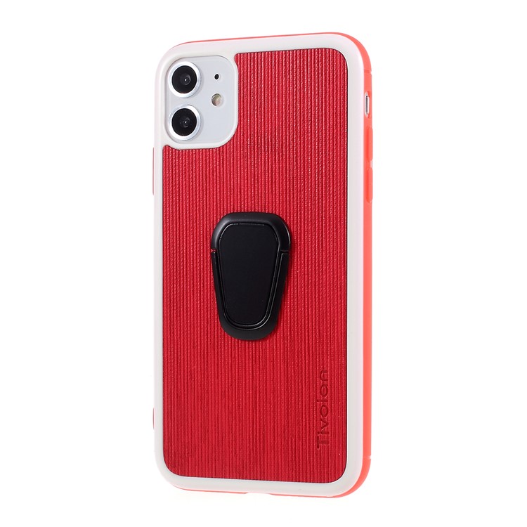 TIVOLAN PU Leather Coated TPU Phone Case with Ring Holder Kickstand for iPhone 11 6.1 inch - Red-2