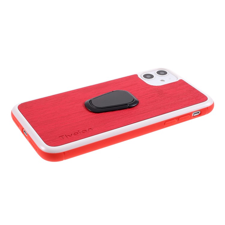 TIVOLAN PU Leather Coated TPU Phone Case with Ring Holder Kickstand for iPhone 11 6.1 inch - Red-4
