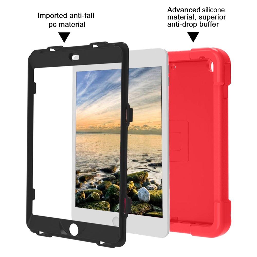 PC Girevole A 360 ° + Cassa Di Protezione Del Tablet In Silicone Con Kickstand Maniglia Per IPad 10.2 (2021) / (2020) / (2019) - Rosso Nero-3