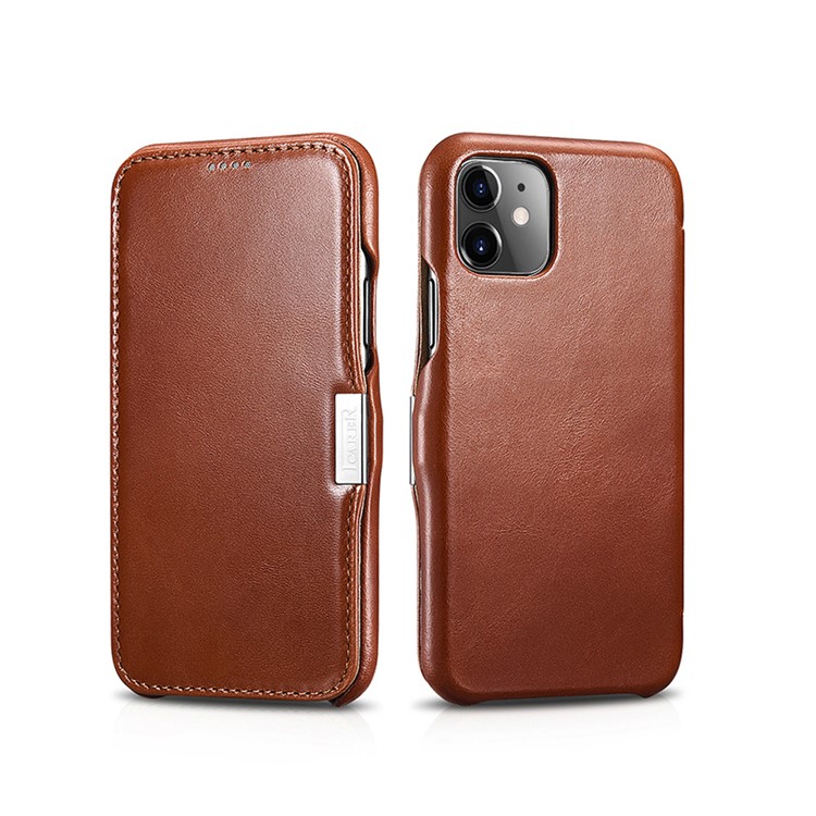 ICARER Vintage Style Crazy Horse Genuine Leather Folio Flip Phone Case for iPhone 11 6.1-inch - Brown-1