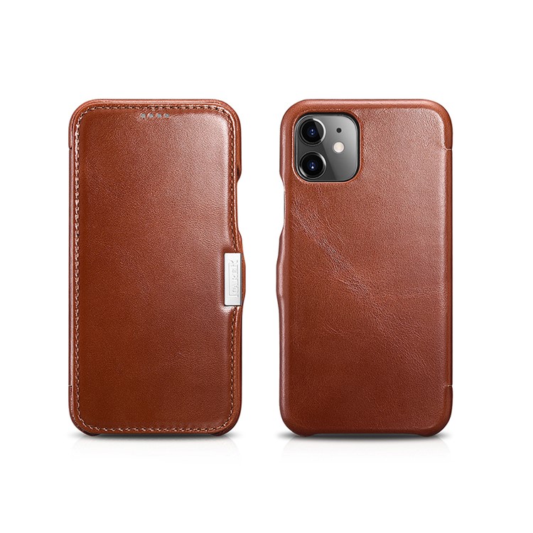 ICARER Vintage Style Crazy Horse Genuine Leather Folio Flip Phone Case for iPhone 11 6.1-inch - Brown-3