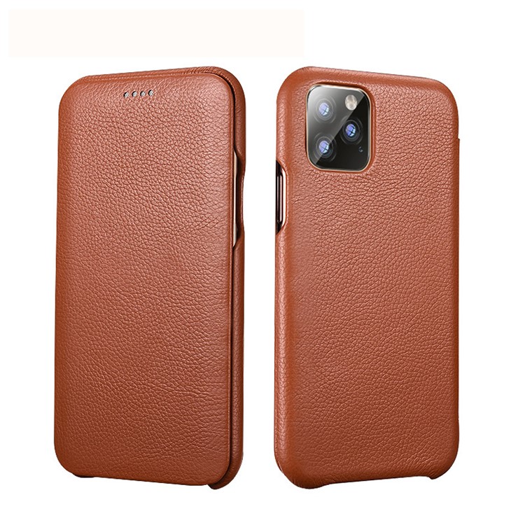 XOOMZ Curved Edge Litchi Texture Genuine Leather Phone Cover for Apple iPhone 11 Pro 5.8 inch - Brown