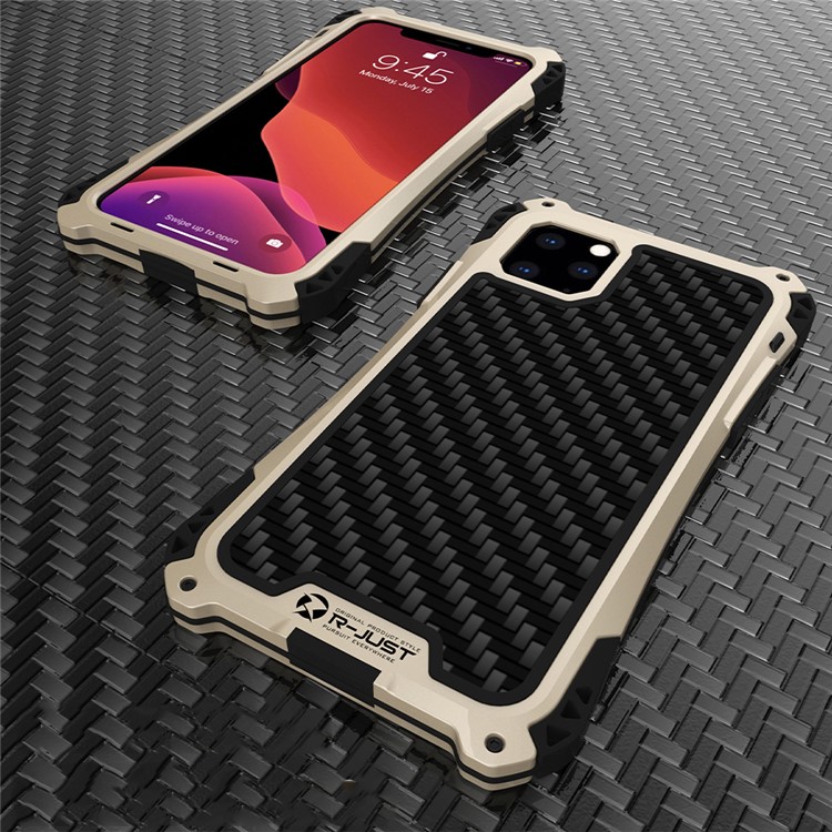R-JUST ShocKproof Carbon Fiber Texture Silicone + Metal Combo Shell for iPhone 11 Pro 5.8 inch (2019) - Black/Gold