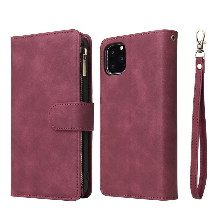 Zipper Pocket Leather Wallet Stand Case for iPhone 11 Pro 5.8 inch - Wine Red-1