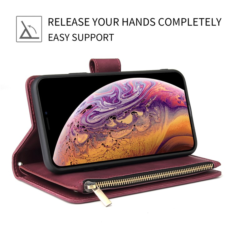 Zipper Pocket Leather Wallet Stand Case for iPhone 11 Pro 5.8 inch - Wine Red-2