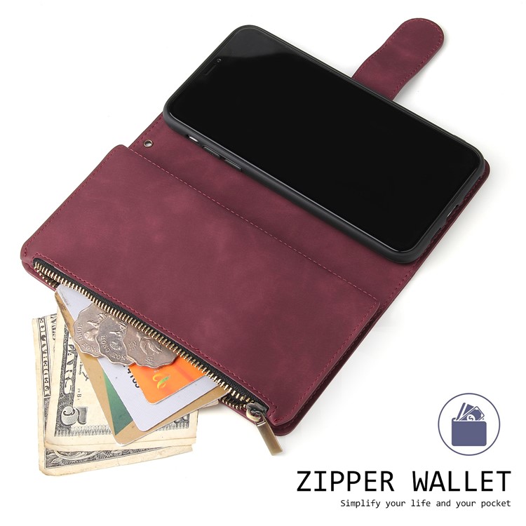 Zipper Pocket Leather Wallet Stand Case for iPhone 11 Pro 5.8 inch - Wine Red-5