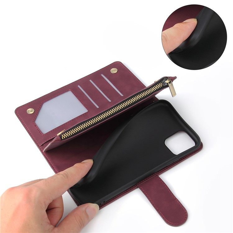 Zipper Pocket Leather Wallet Stand Case for iPhone 11 Pro 5.8 inch - Wine Red-8