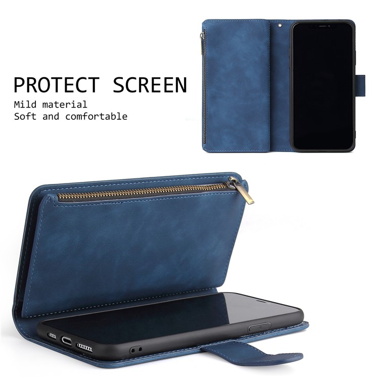 Zipper Pocket Leather Wallet Stand Case for iPhone 11 Pro 5.8 inch - Blue-6
