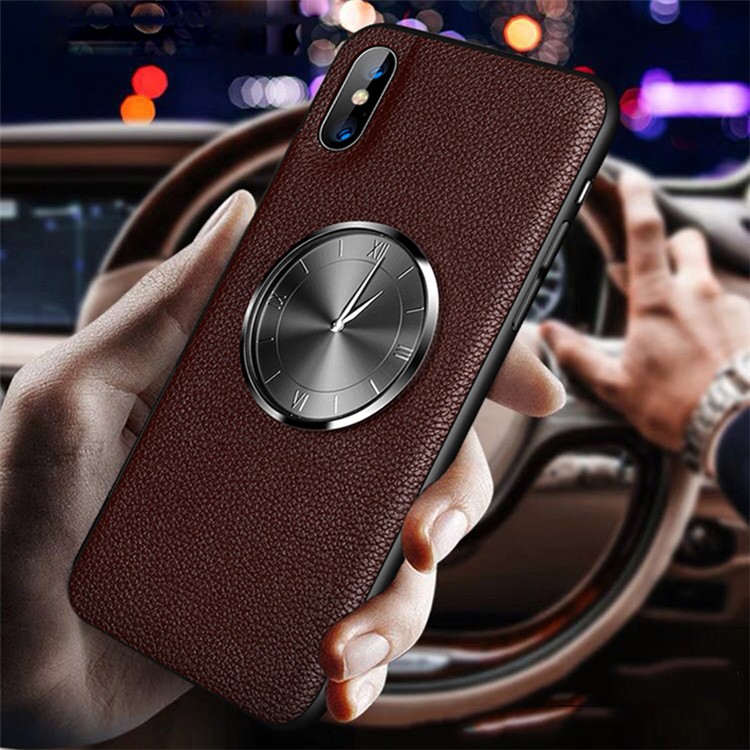 

Clock Decor Genuine Leather Coated TPU Phone Cover for iPhone X/XS 5.8 inch - Brown, iPhone XS 5.8 inch