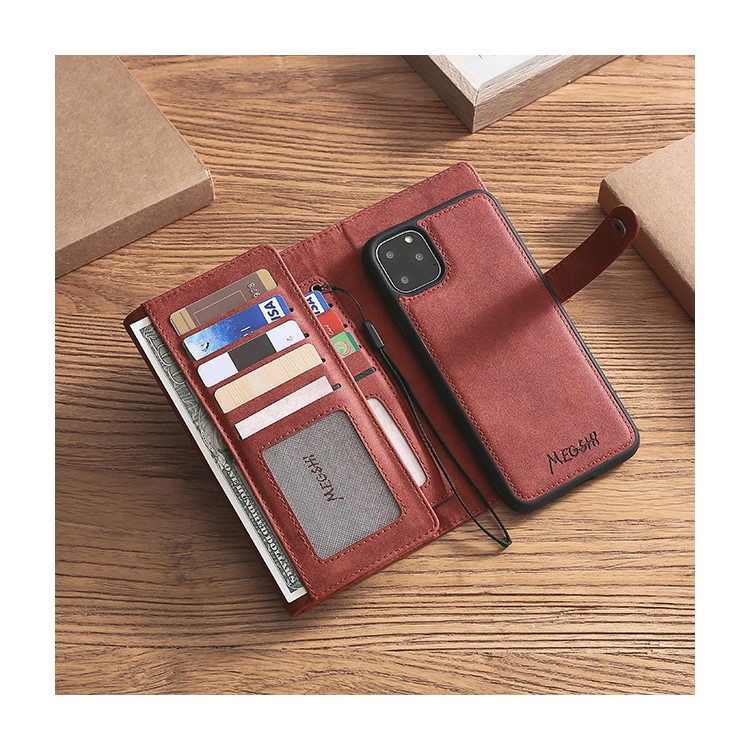 MEGSHI Business Style PC+ PU Leather + TPU Wallet Flip Case with Strap for iPhone 11 Pro Max 6.5 inch (2019) - Brown-6