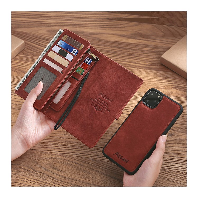 MEGSHI Business Style PC+ PU Leather + TPU Wallet Flip Case with Strap for iPhone 11 Pro Max 6.5 inch (2019) - Brown-9
