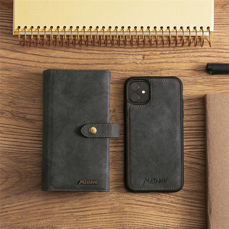 MEGSHI Business Style PC+ PU Leather + TPU Wallet Flip Case with Strap for iPhone 11 6.1 inch (2019) - Black-1