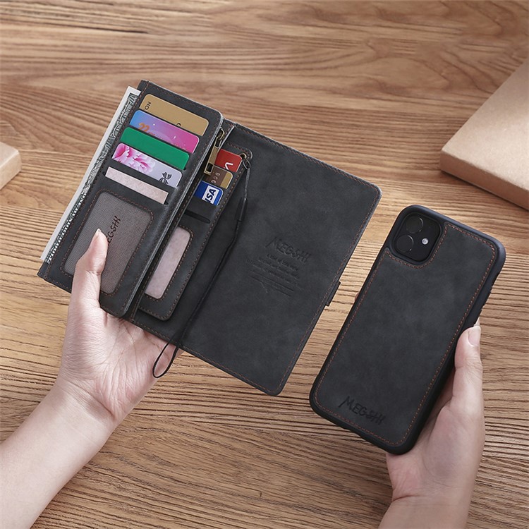 MEGSHI Business Style PC+ PU Leather + TPU Wallet Flip Case with Strap for iPhone 11 6.1 inch (2019) - Black-10