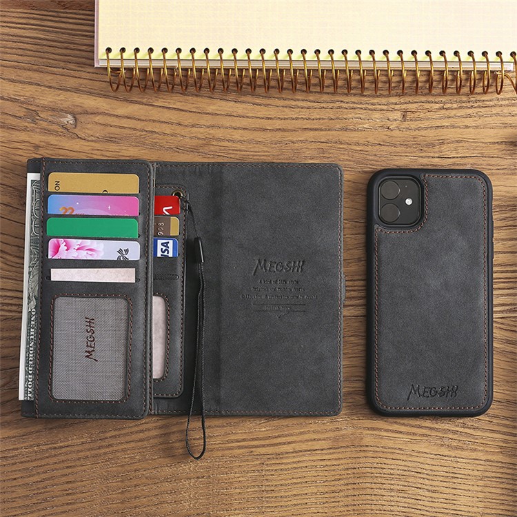 MEGSHI Business Style PC+ PU Leather + TPU Wallet Flip Case with Strap for iPhone 11 6.1 inch (2019) - Black-4