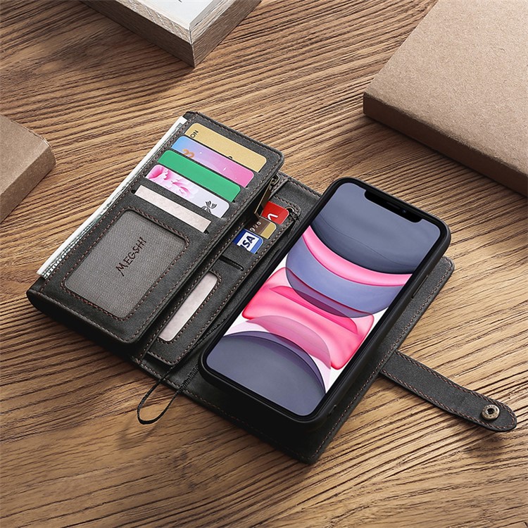 MEGSHI Business Style PC+ PU Leather + TPU Wallet Flip Case with Strap for iPhone 11 6.1 inch (2019) - Black-6