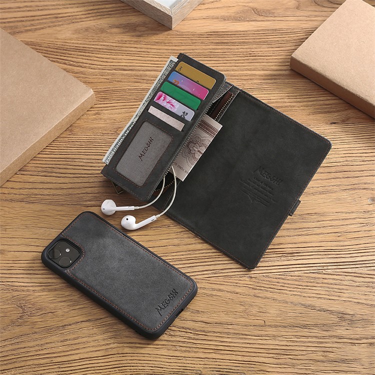 MEGSHI Business Style PC+ PU Leather + TPU Wallet Flip Case with Strap for iPhone 11 6.1 inch (2019) - Black-7