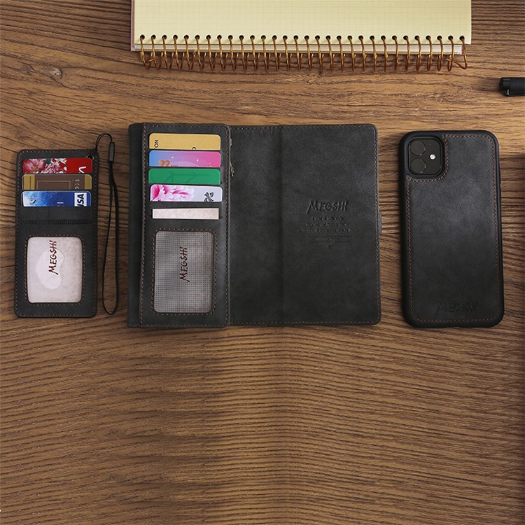 MEGSHI Business Style PC+ PU Leather + TPU Wallet Flip Case with Strap for iPhone 11 6.1 inch (2019) - Black-9