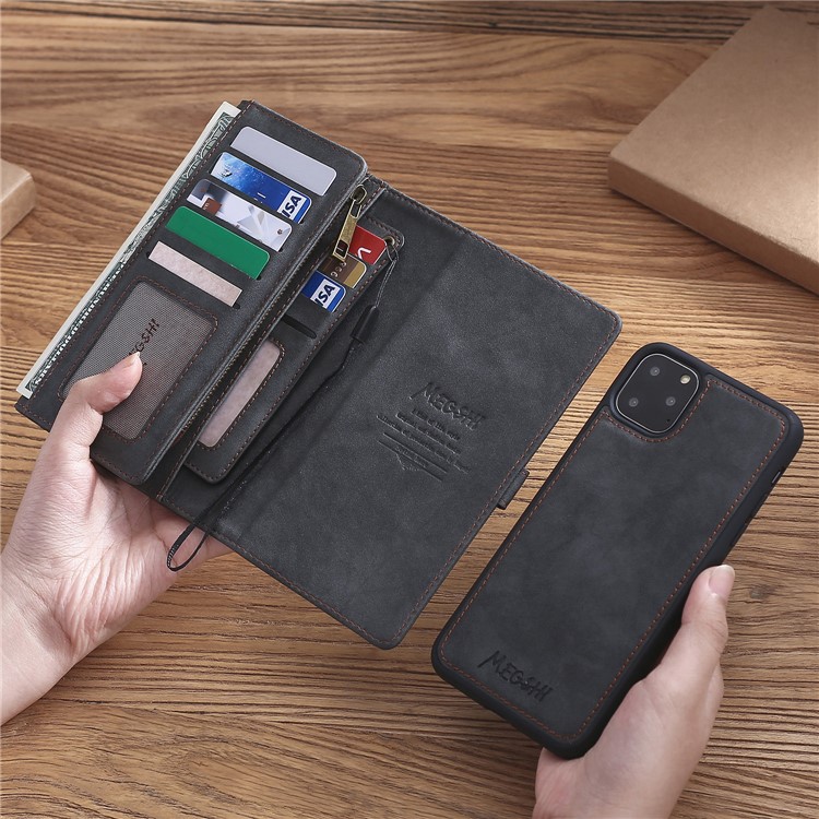 MEGSHI PC+ PU Leather + TPU Wallet Flip Business Shell with Strap for iPhone 11 Pro 5.8 inch (2019) - Black-9