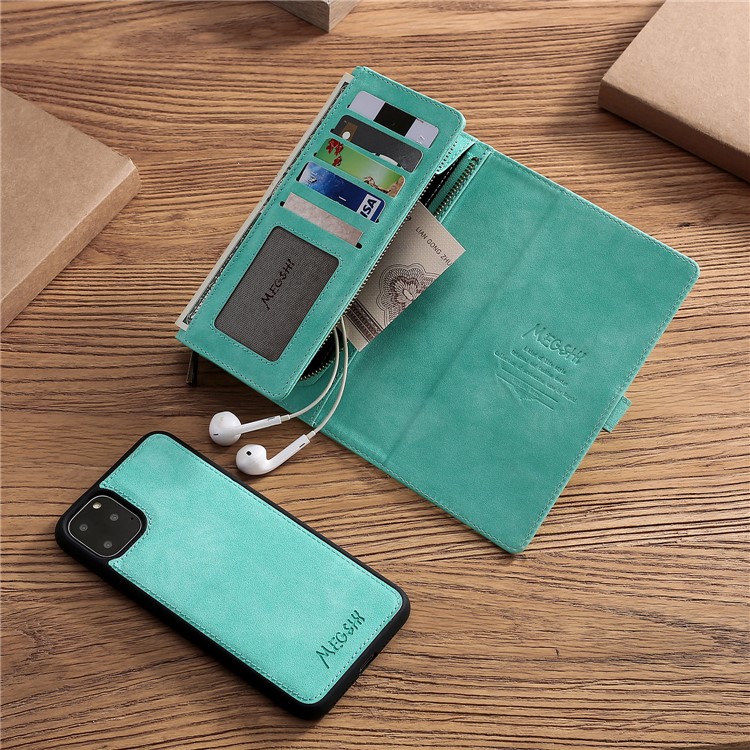 MEGSHI PC+ PU Leather + TPU Wallet Flip Business Shell with Strap for iPhone 11 Pro 5.8 inch (2019) - Green-8