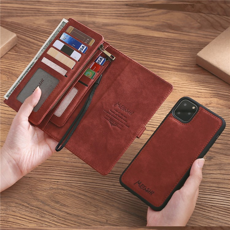 MEGSHI PC+ PU Leather + TPU Wallet Flip Business Shell with Strap for iPhone 11 Pro 5.8 inch (2019) - Brown-4