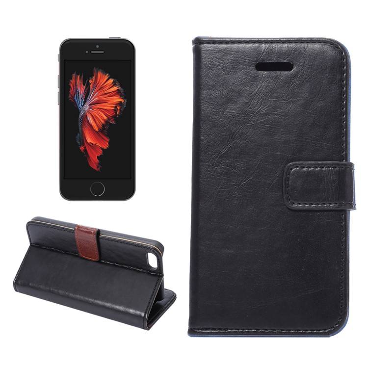 Für Iphone SE 5s 5 Crazy Horse Brieftasche Stehen Ledertasche - Schwarz-1
