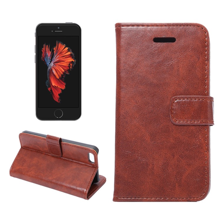 For iPhone SE 5s 5 Crazy Horse Card Holder Stand Leather Case - Brown-1