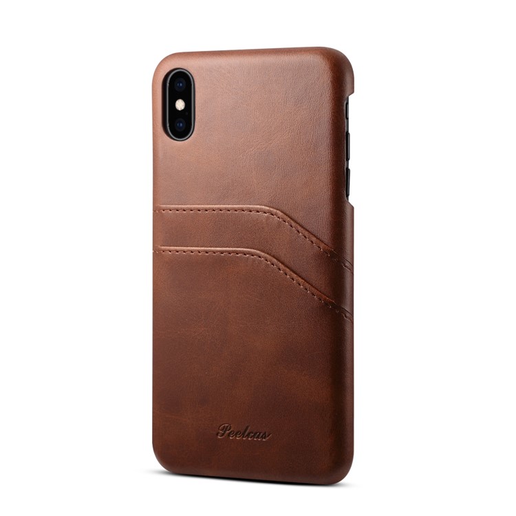 PEELCAS PCK012 Serie Dual-Kartenhalter-Leder Beschichtet PC Harter Fall Für Iphone X / XS 5,8 Zoll - Kaffee-1