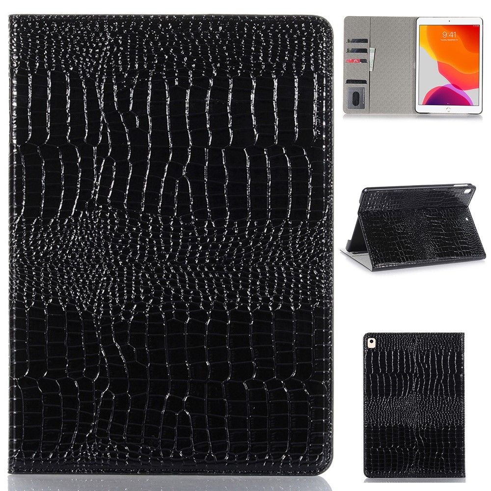 Crocodile Skin Wallet Stand Leather Tablet Covering Case for iPad 10.2 (2019) - Black-1