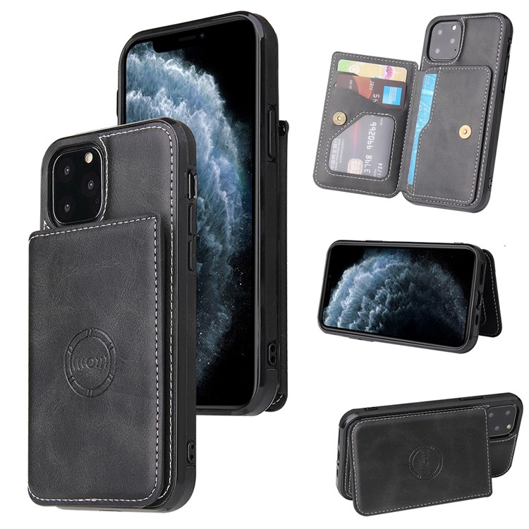 Card Slots PU Leather Coated PC TPU Phone Case Built-in Magnetic Holder Metal Sheet for iPhone 11 Pro 5.8 inch - Black-1