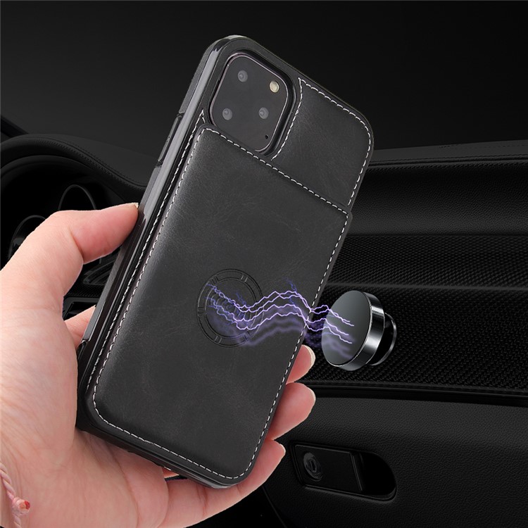 Card Slots PU Leather Coated PC TPU Phone Case Built-in Magnetic Holder Metal Sheet for iPhone 11 Pro 5.8 inch - Black-6